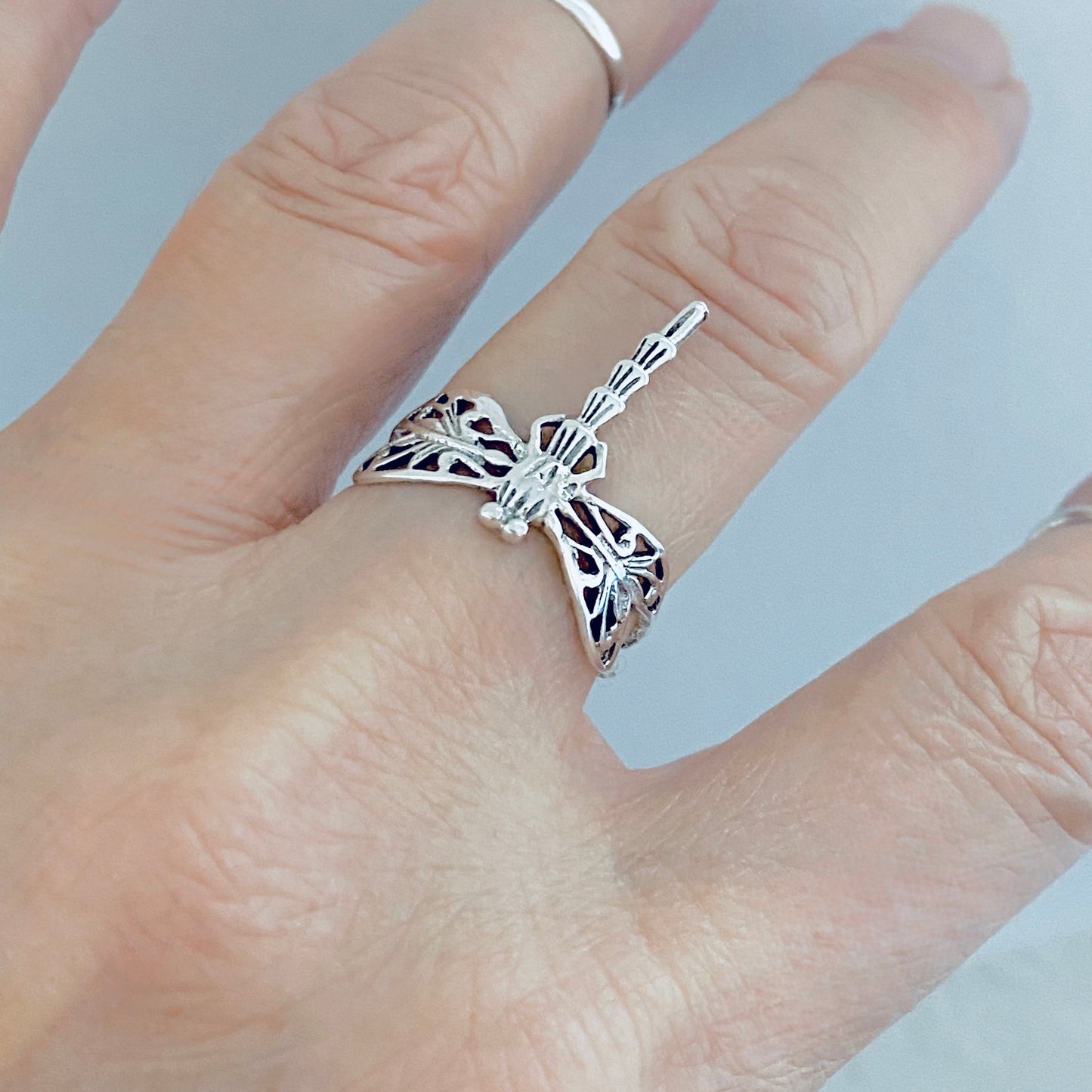 Sterling Silver Delicate Filigree Dragonfly Ring – Dainty Spirit Insect Bug Rings