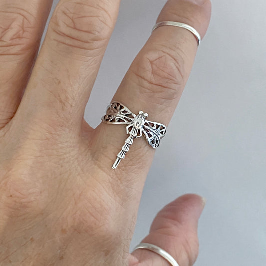 Sterling Silver Thin Filigree Dragonfly Ring, Spirit Silver Rings