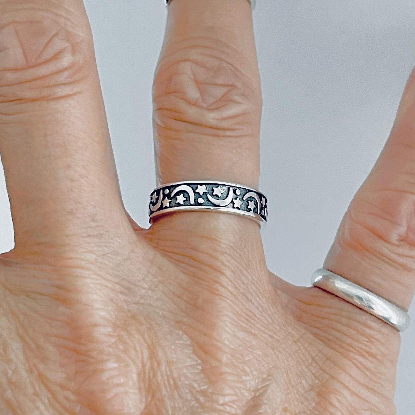 Sterling Silver Eternity Moon and Star Band, Unisex Wedding Ring, Celestial Jewelry