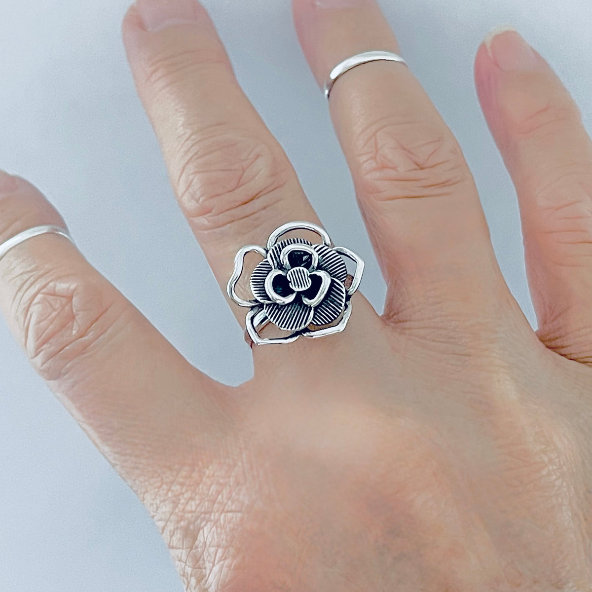 925 Sterling Silver Statement Boho Flower Ring – Delicate Floral Silver Rings