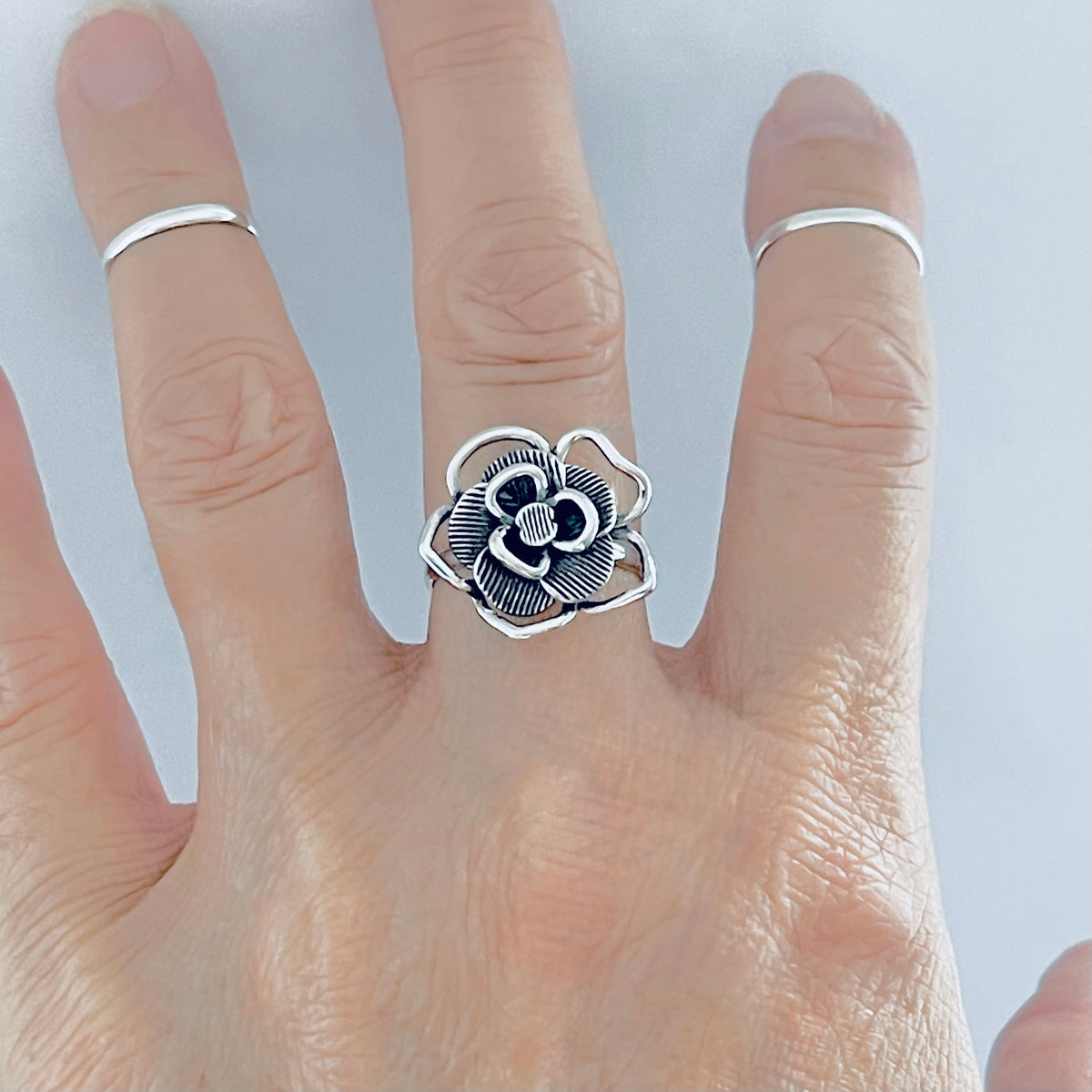 925 Sterling Silver Statement Boho Flower Ring – Delicate Floral Silver Rings