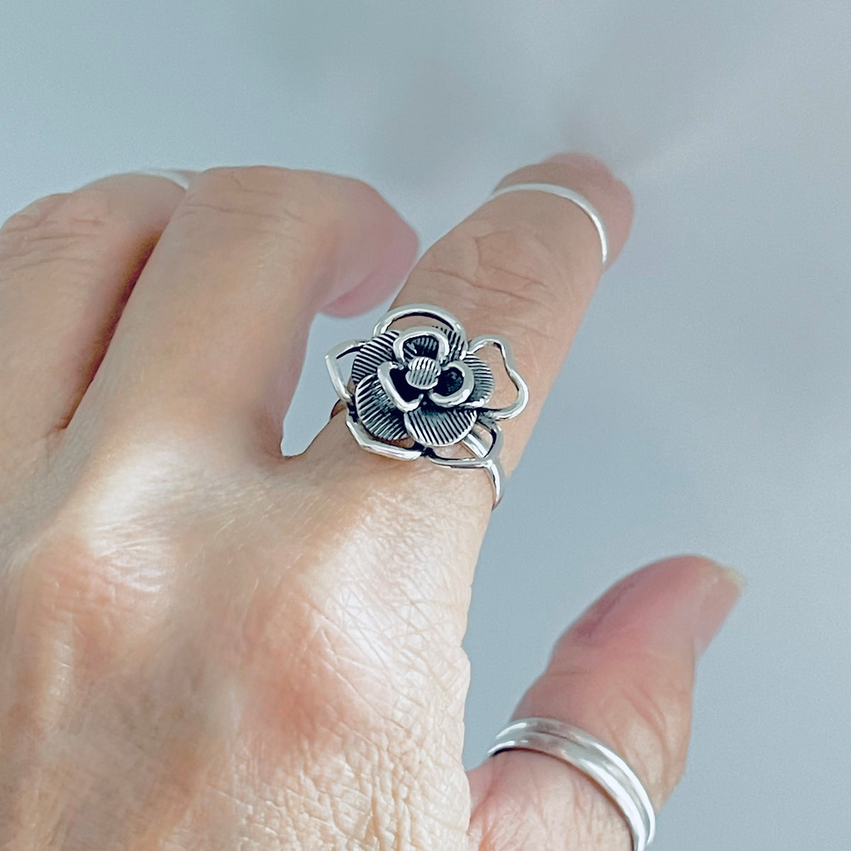 925 Sterling Silver Statement Boho Flower Ring – Delicate Floral Silver Rings