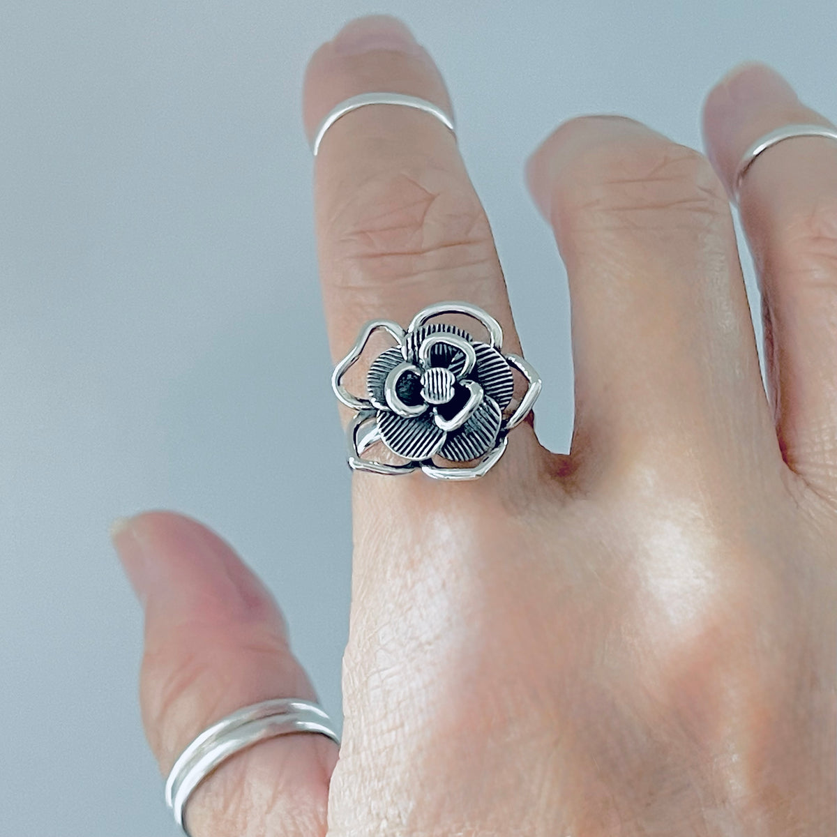 925 Sterling Silver Statement Boho Flower Ring – Delicate Floral Silver Rings