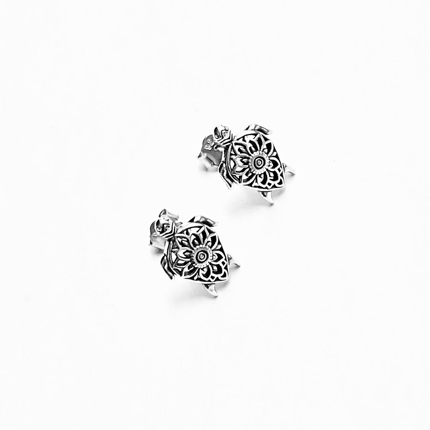 925 Sterling Silver Mandala Turtle Stud Earrings | Ocean Animal & Beach Inspired Silver Earrings