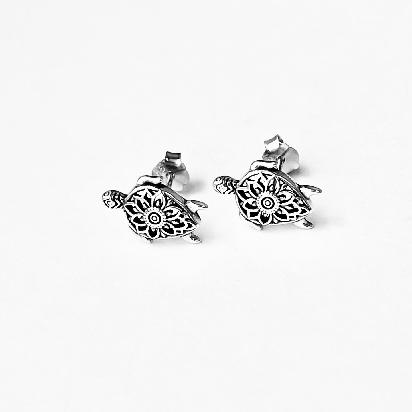 925 Sterling Silver Mandala Turtle Stud Earrings | Ocean Animal & Beach Inspired Silver Earrings