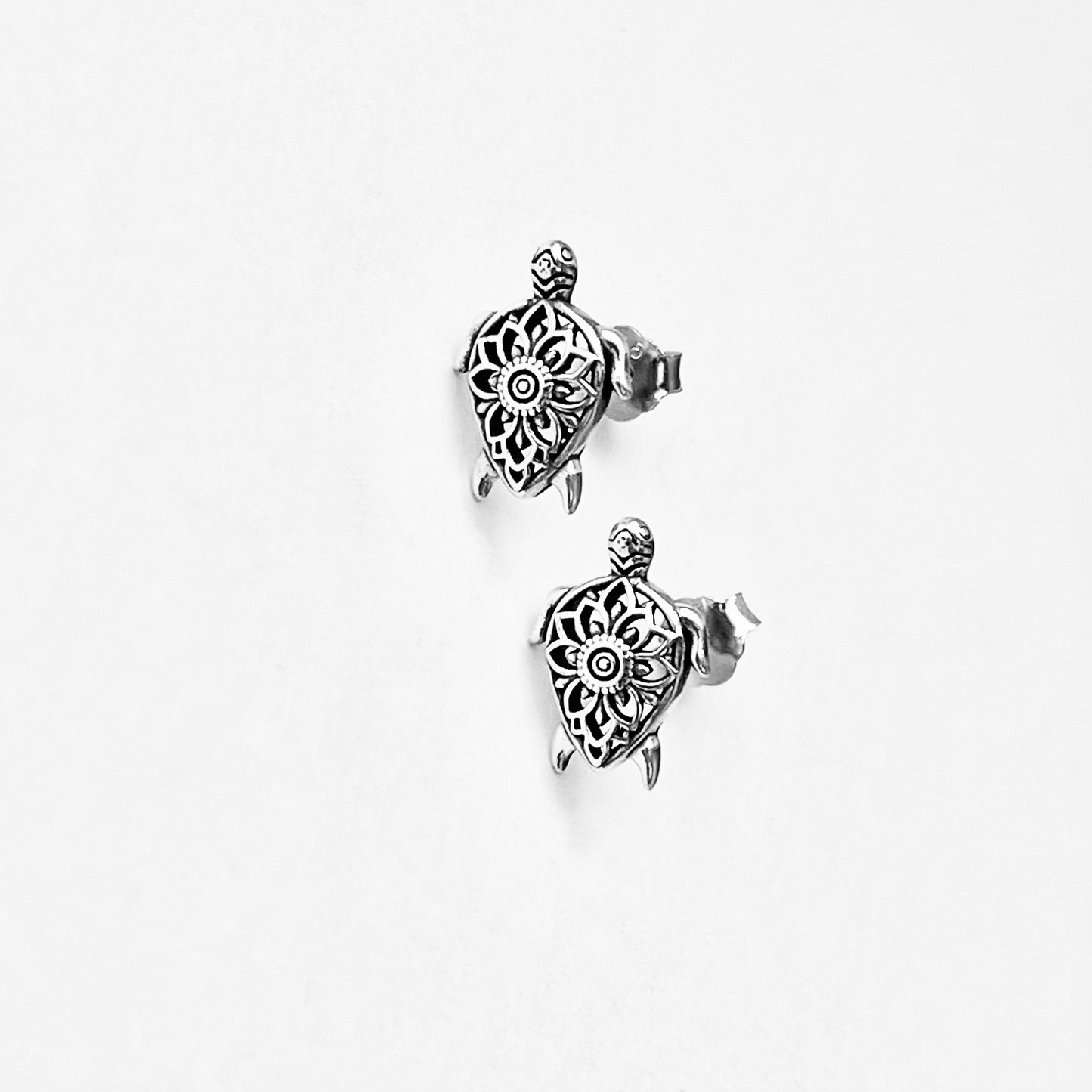 925 Sterling Silver Mandala Turtle Stud Earrings | Ocean Animal & Beach Inspired Silver Earrings