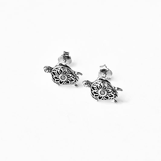 Sterling Silver Mandala Flower Turtle Earrings, Silver Stud Earring, Sea Turtles, Ocean Animals