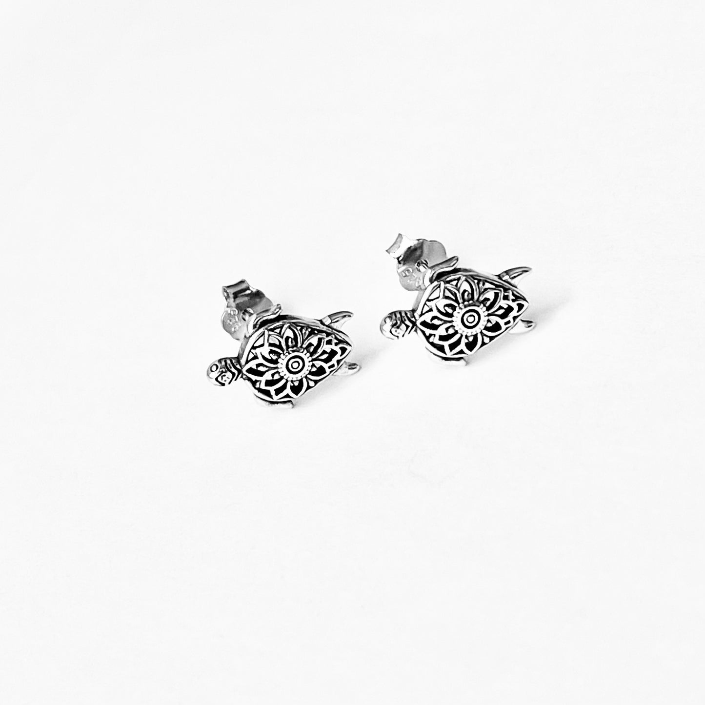 925 Sterling Silver Mandala Turtle Stud Earrings | Ocean Animal & Beach Inspired Silver Earrings