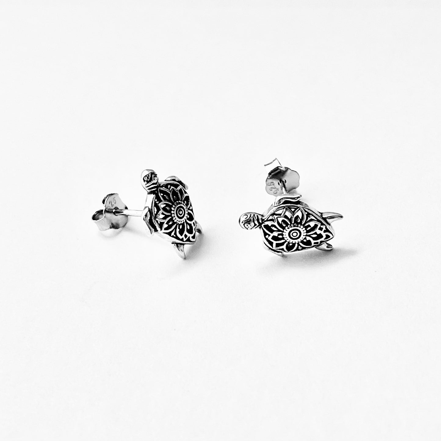 925 Sterling Silver Mandala Turtle Stud Earrings | Ocean Animal & Beach Inspired Silver Earrings