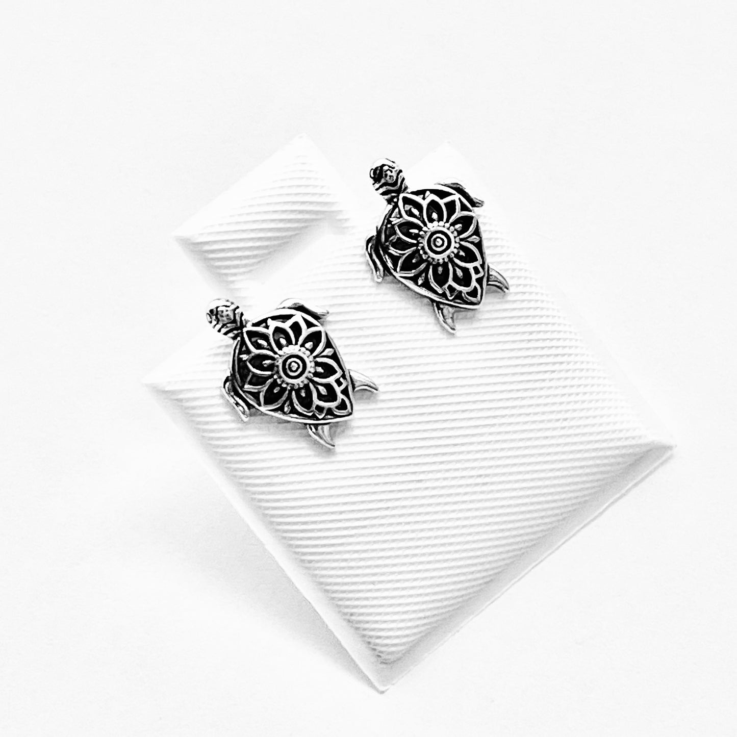 925 Sterling Silver Mandala Turtle Stud Earrings | Ocean Animal & Beach Inspired Silver Earrings