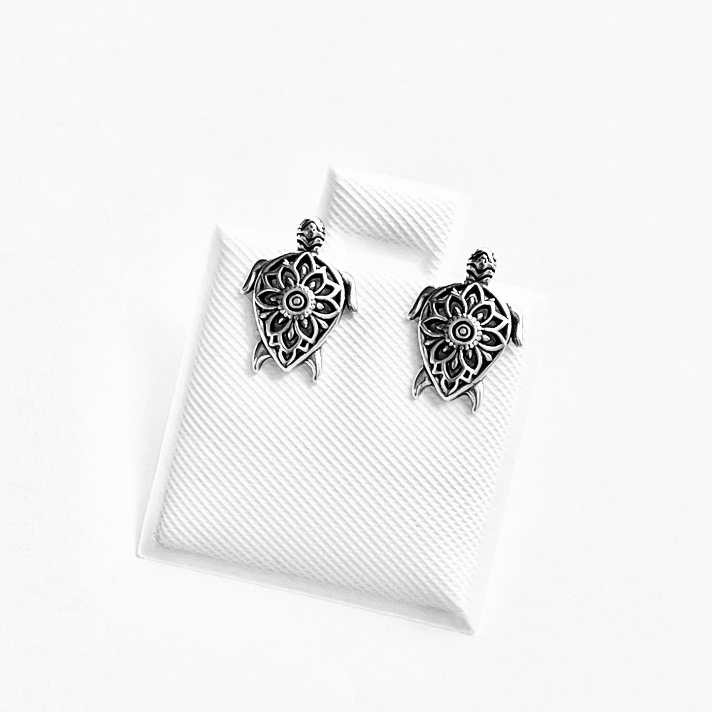 925 Sterling Silver Mandala Turtle Stud Earrings | Ocean Animal & Beach Inspired Silver Earrings
