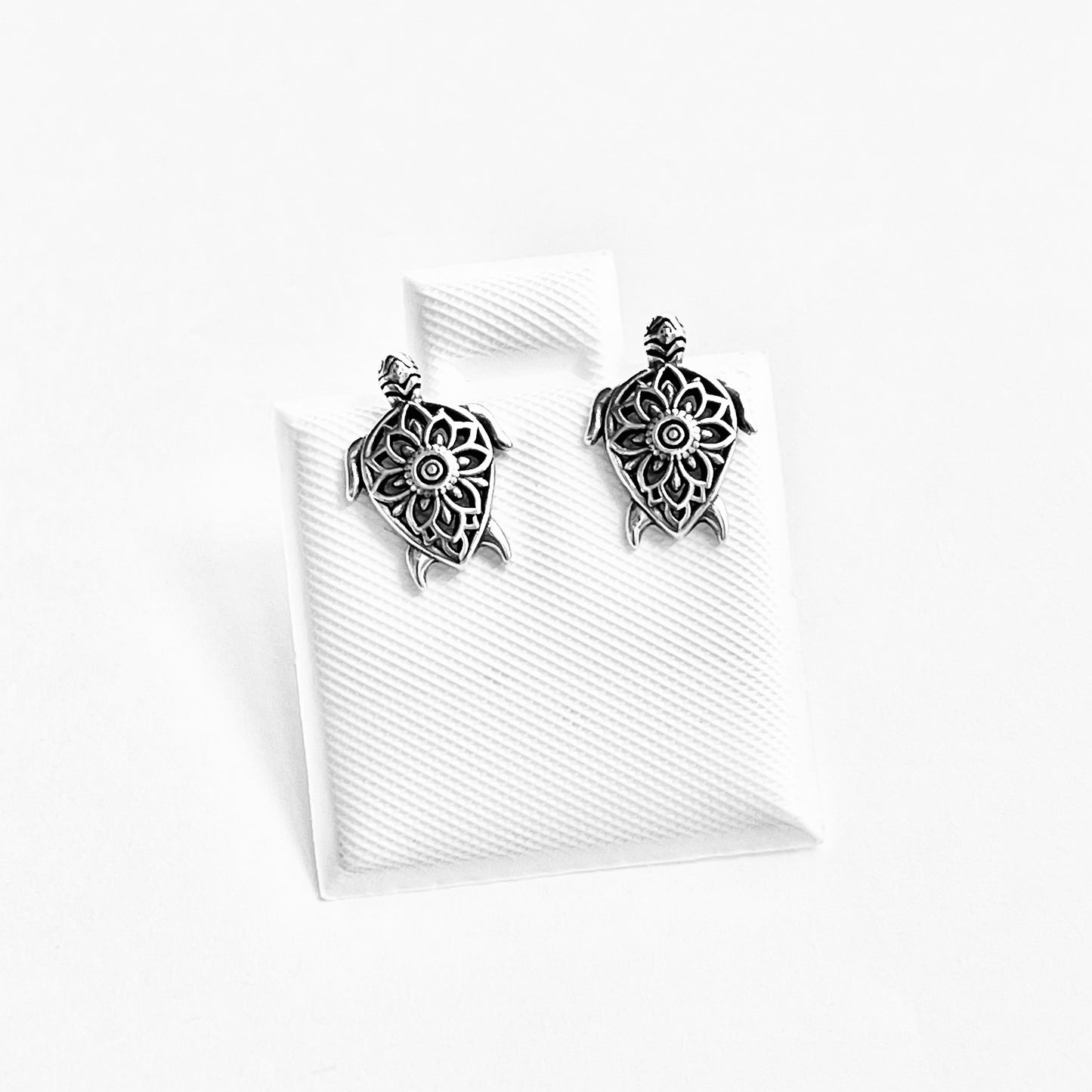 925 Sterling Silver Mandala Turtle Stud Earrings | Ocean Animal & Beach Inspired Silver Earrings