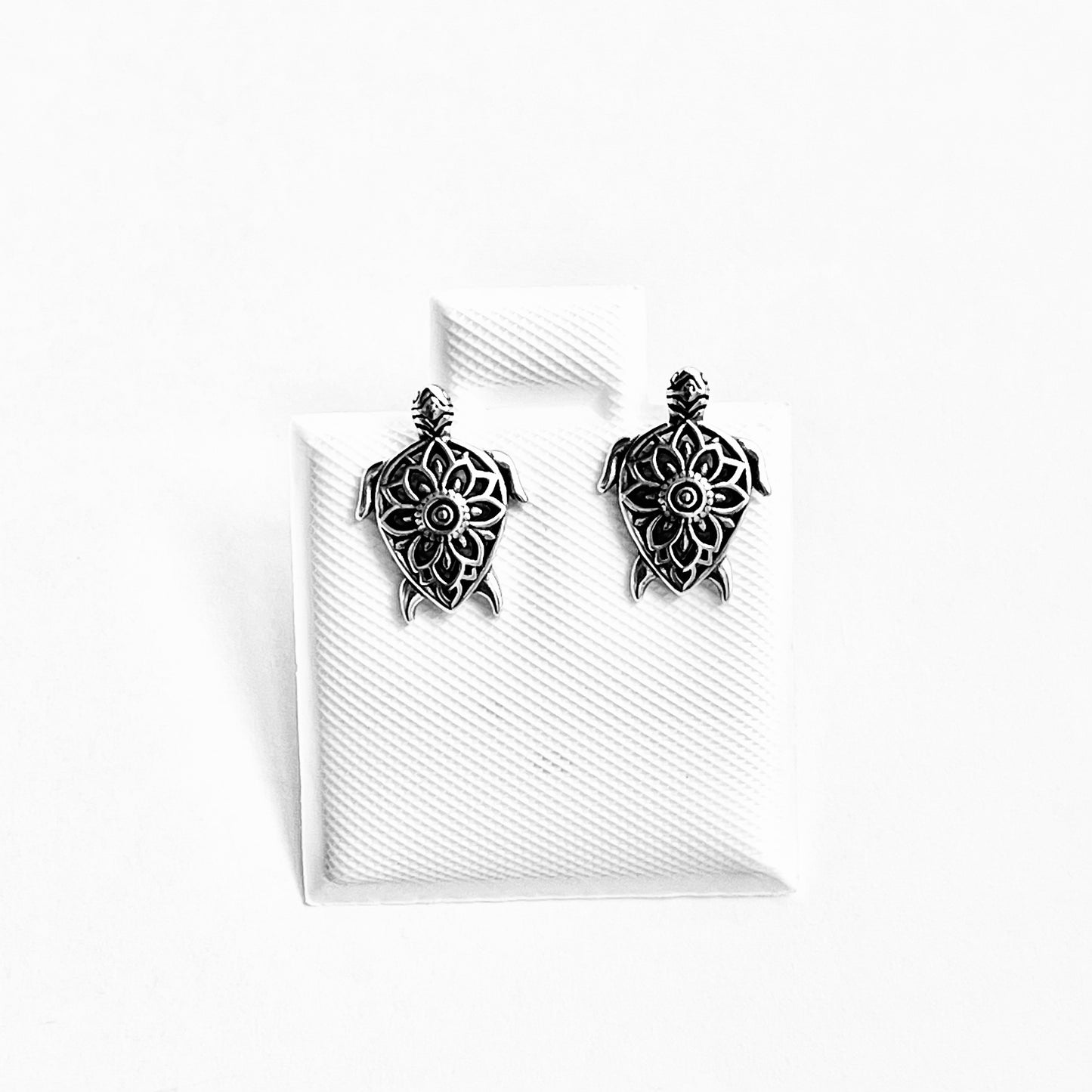 925 Sterling Silver Mandala Turtle Stud Earrings | Ocean Animal & Beach Inspired Silver Earrings