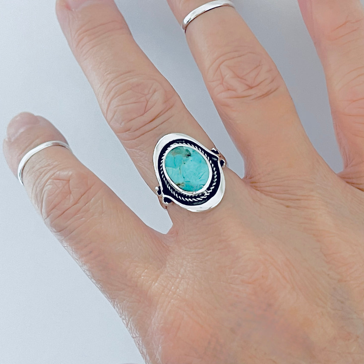925 Sterling Silver Bali Style Round Genuine Turquoise Ring | Boho Statement Stone Rings