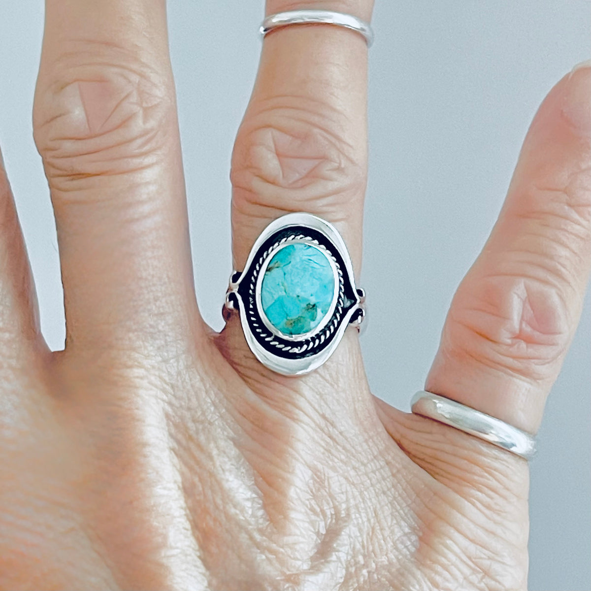 925 Sterling Silver Bali Style Round Genuine Turquoise Ring | Boho Statement Stone Rings