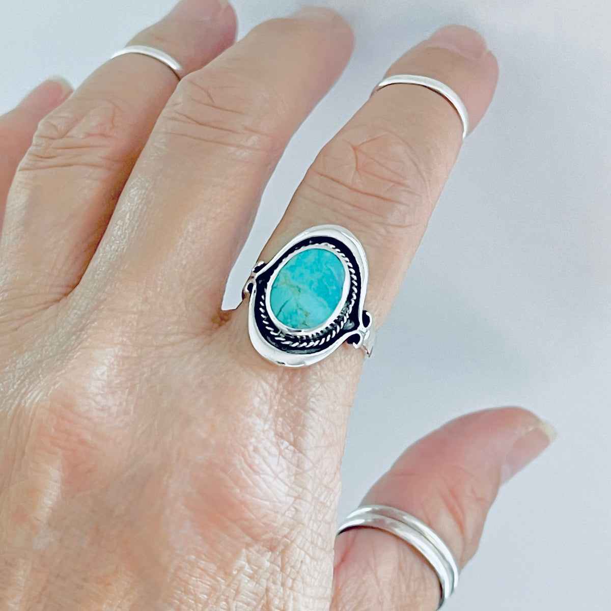 925 Sterling Silver Bali Style Round Genuine Turquoise Ring | Boho Statement Stone Rings