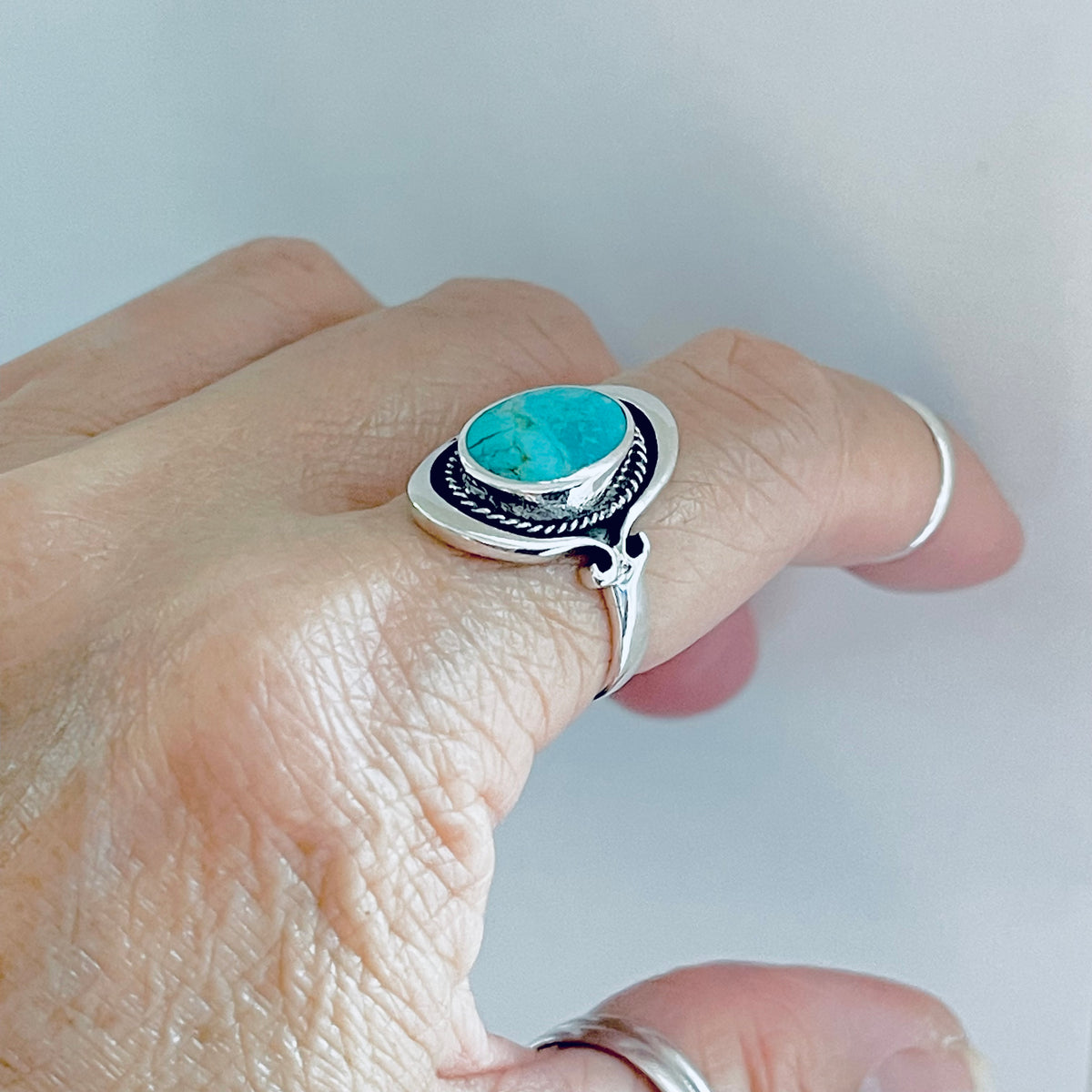 925 Sterling Silver Bali Style Round Genuine Turquoise Ring | Boho Statement Stone Rings