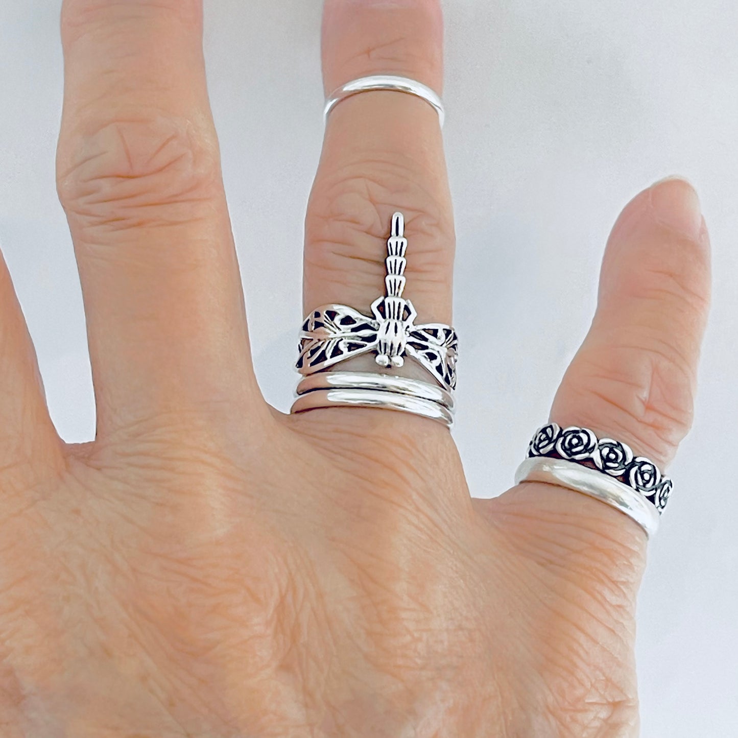 Sterling Silver Delicate Filigree Dragonfly Ring – Dainty Spirit Insect Bug Rings