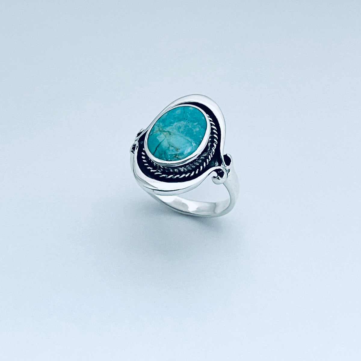 925 Sterling Silver Bali Style Round Genuine Turquoise Ring | Boho Statement Stone Rings