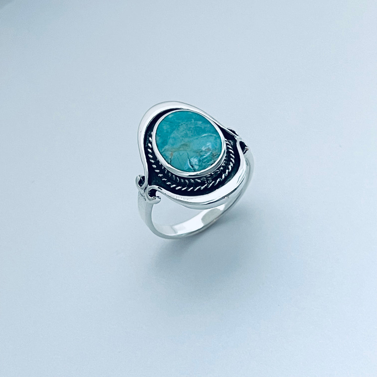 925 Sterling Silver Bali Style Round Genuine Turquoise Ring | Boho Statement Stone Rings