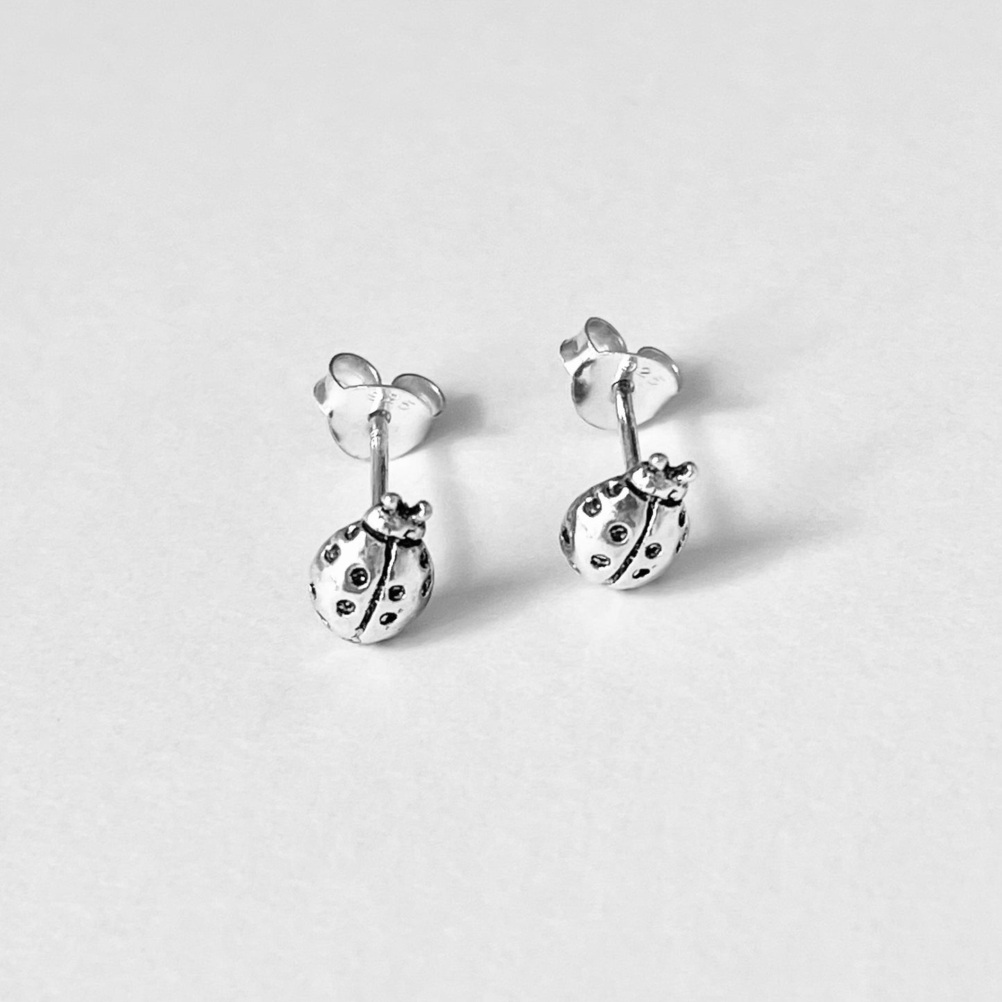 925 Sterling Silver Small Dainty Ladybug Stud Earrings | Good Luck Insect Bug Silver Earrings