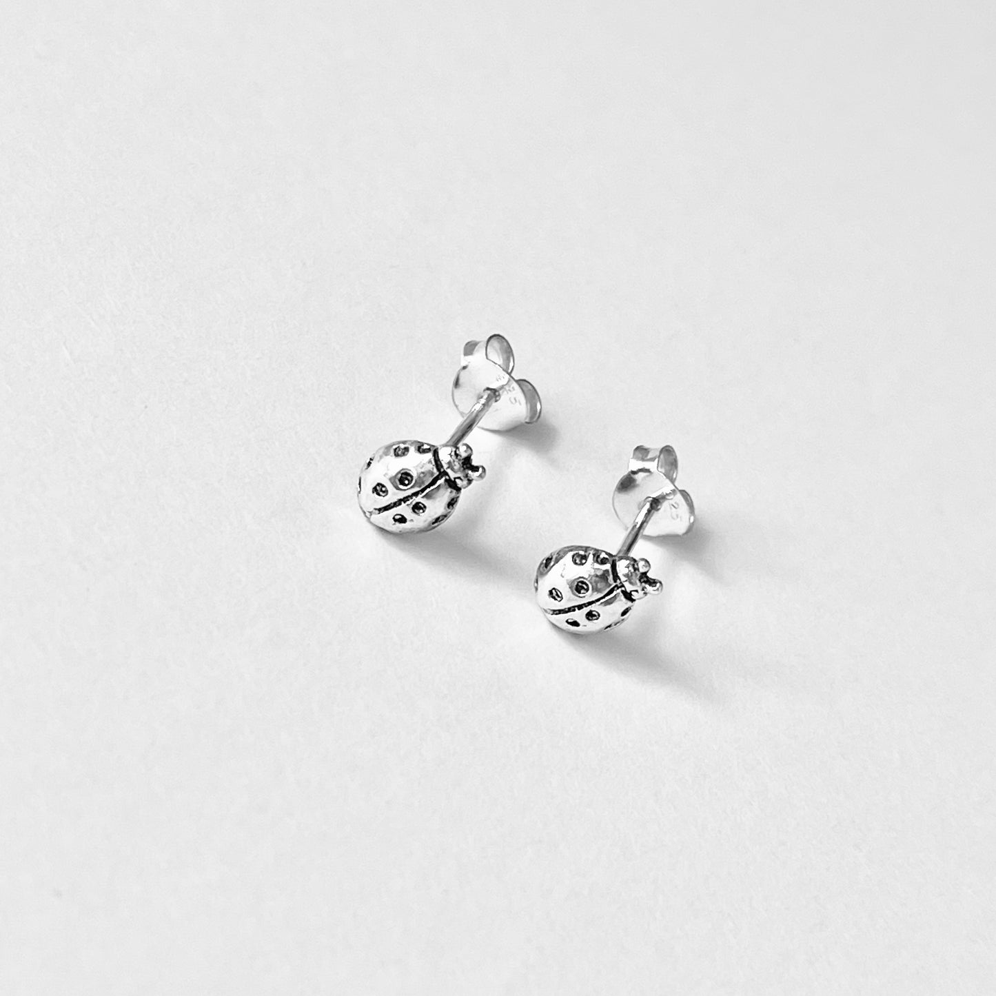 925 Sterling Silver Small Dainty Ladybug Stud Earrings | Good Luck Insect Bug Silver Earrings
