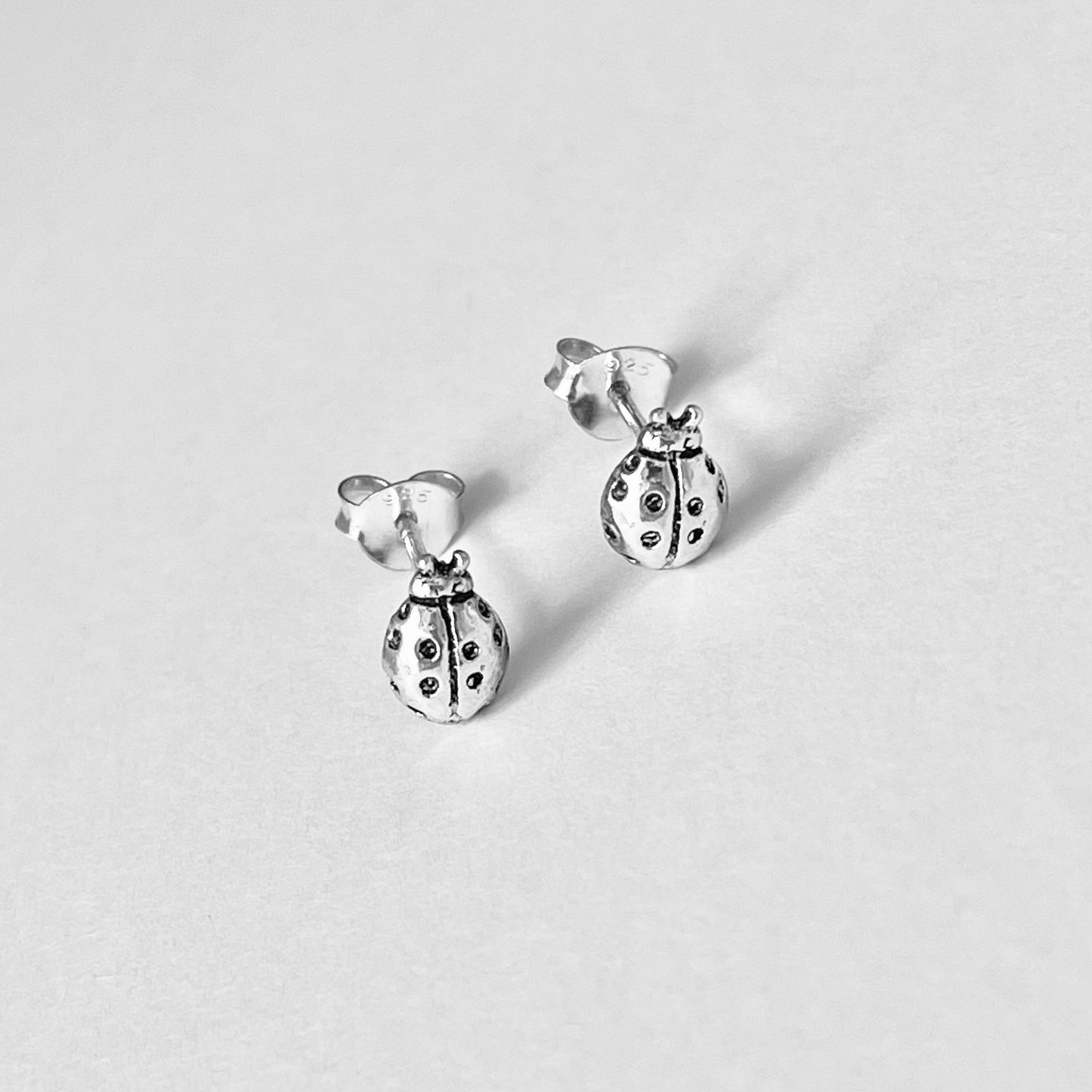 925 Sterling Silver Small Dainty Ladybug Stud Earrings | Good Luck Insect Bug Silver Earrings