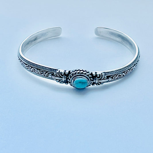 925 Sterling Silver Genuine Turquoise Vintage Bangle | Western Stone Silver Bracelet