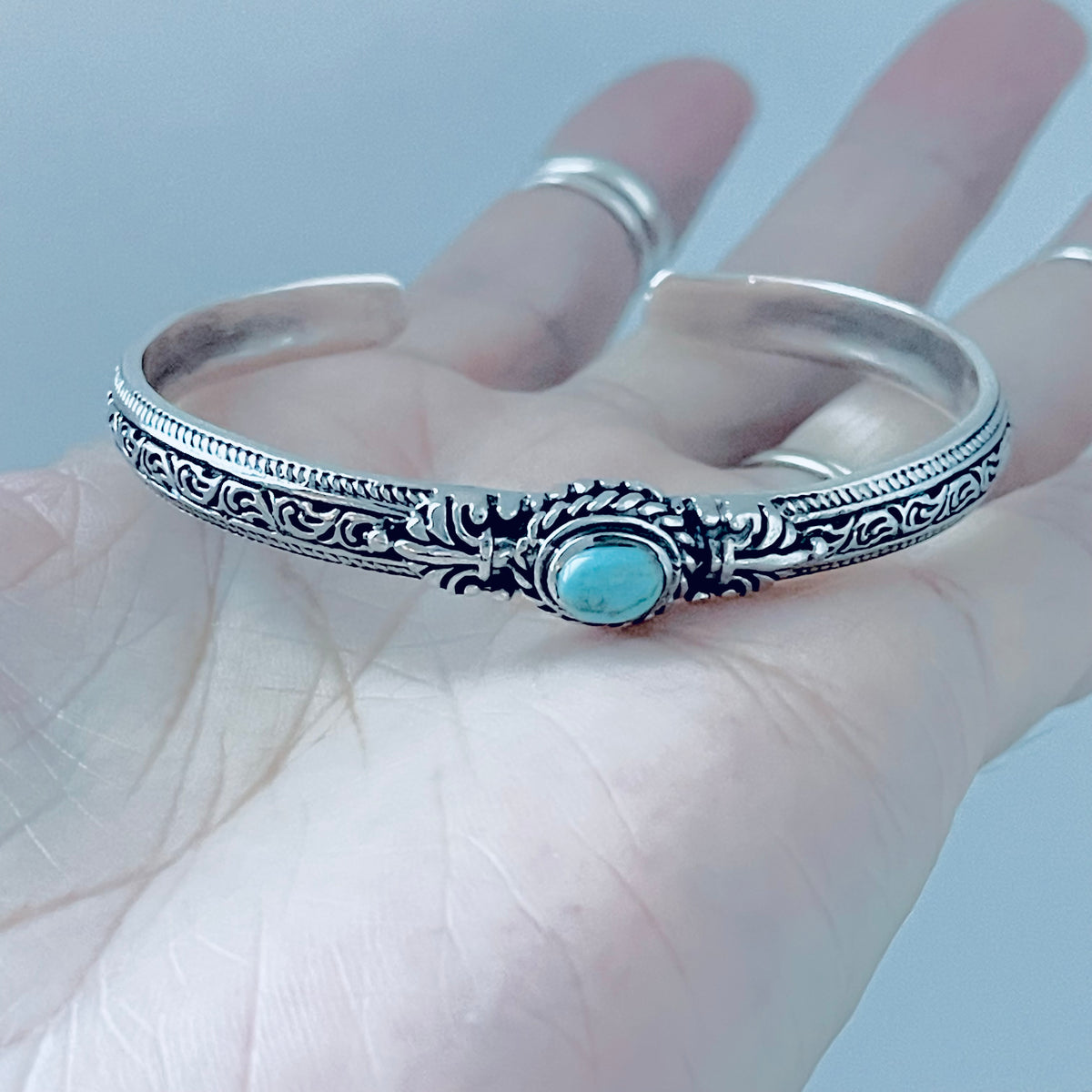 925 Sterling Silver Genuine Turquoise Vintage Bangle | Western Stone Silver Bracelet