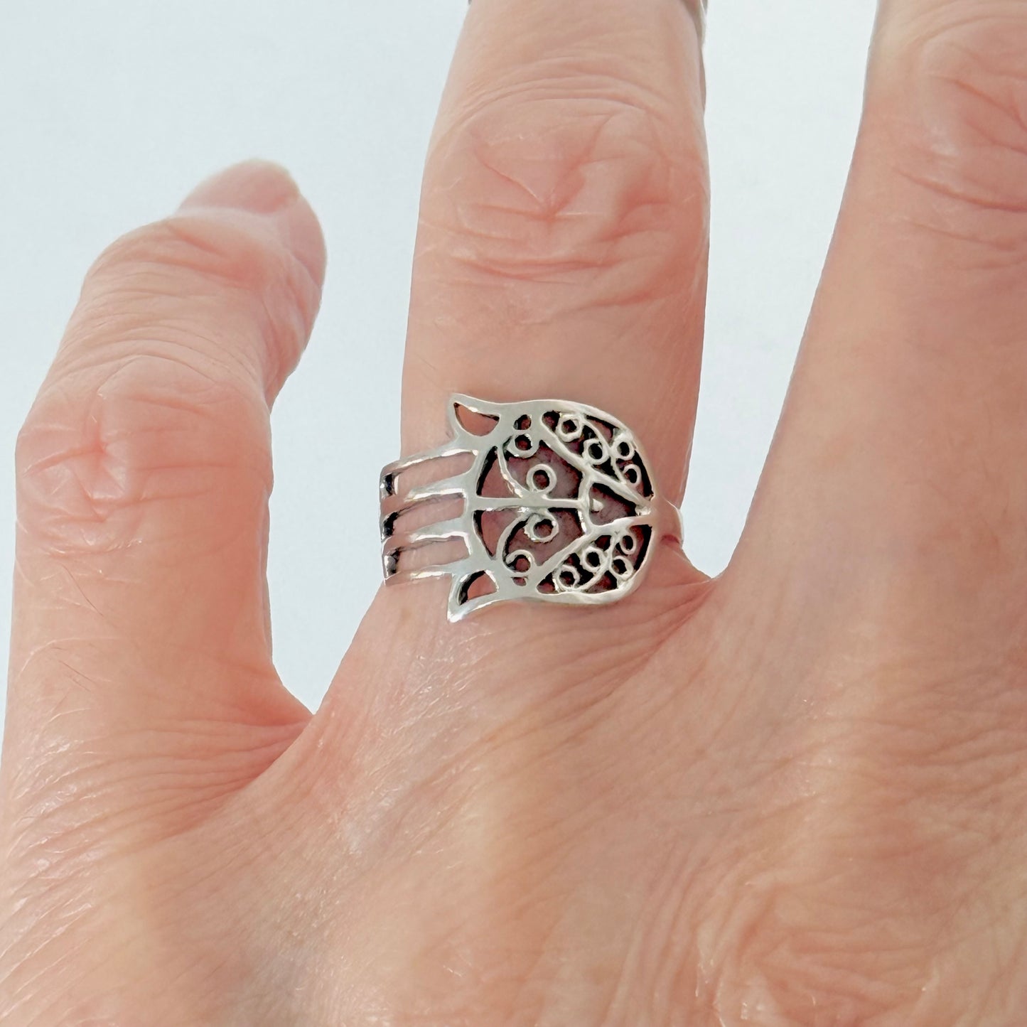 Sterling Silver Delicate Hamsa Hand Ring with Filigree | Hand of Fatima Jewelry, Protection Rings