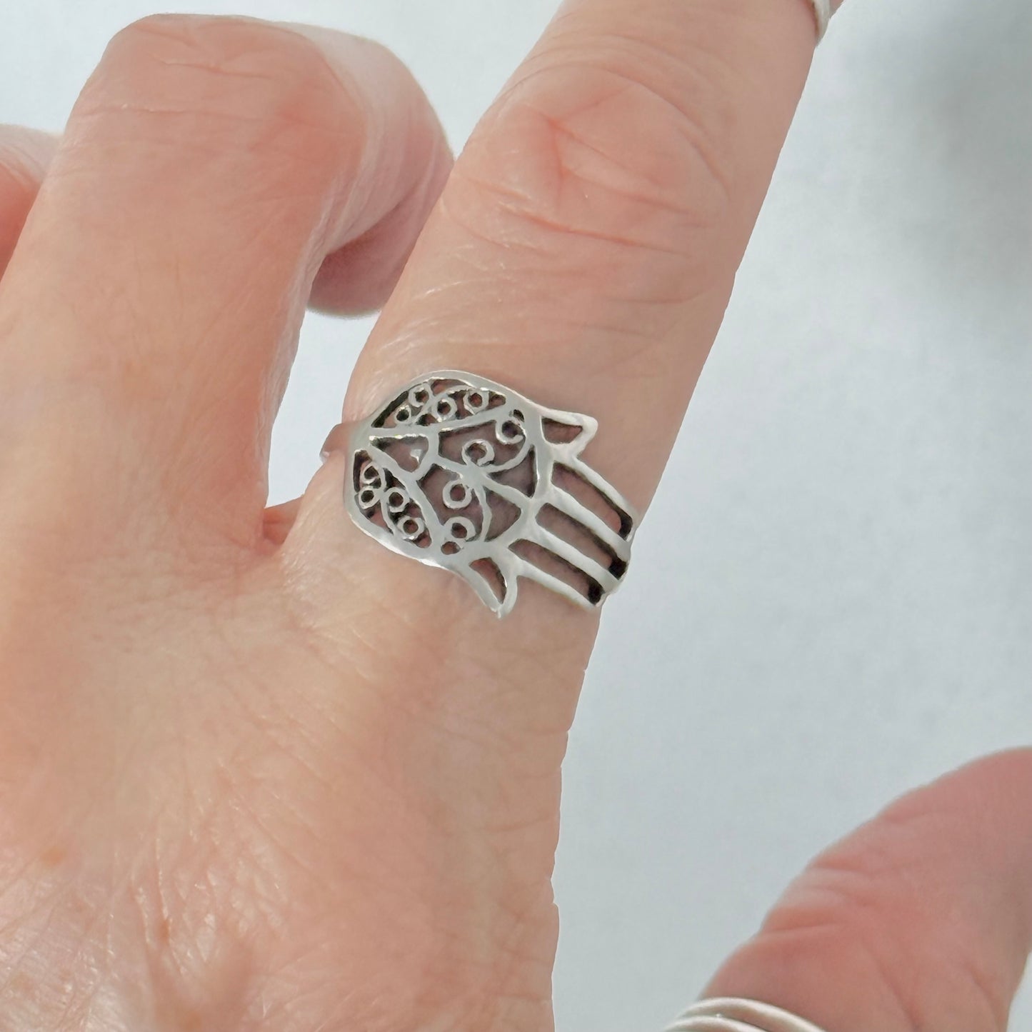 Sterling Silver Delicate Hamsa Hand Ring with Filigree | Hand of Fatima Jewelry, Protection Rings