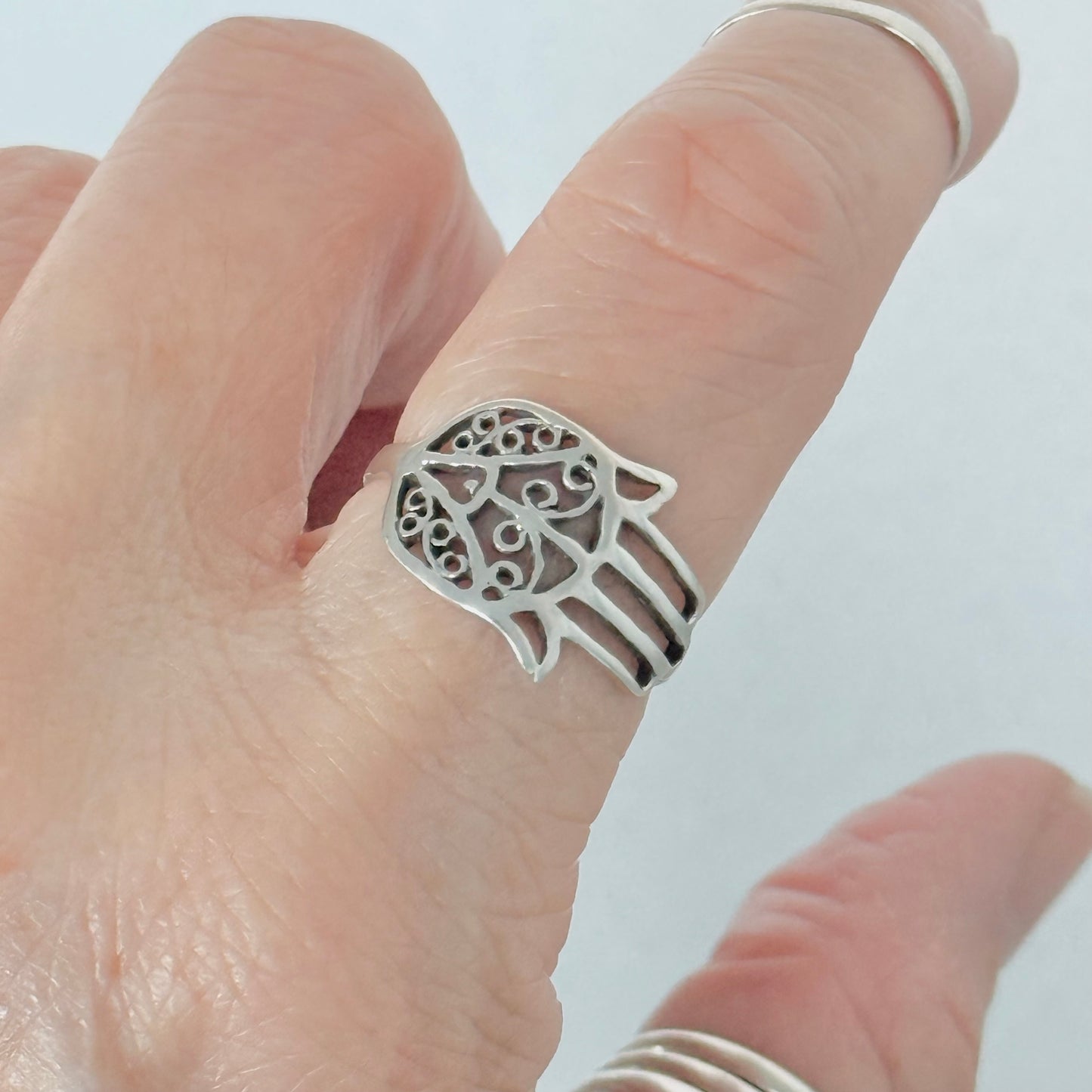 Sterling Silver Delicate Hamsa Hand Ring with Filigree | Hand of Fatima Jewelry, Protection Rings