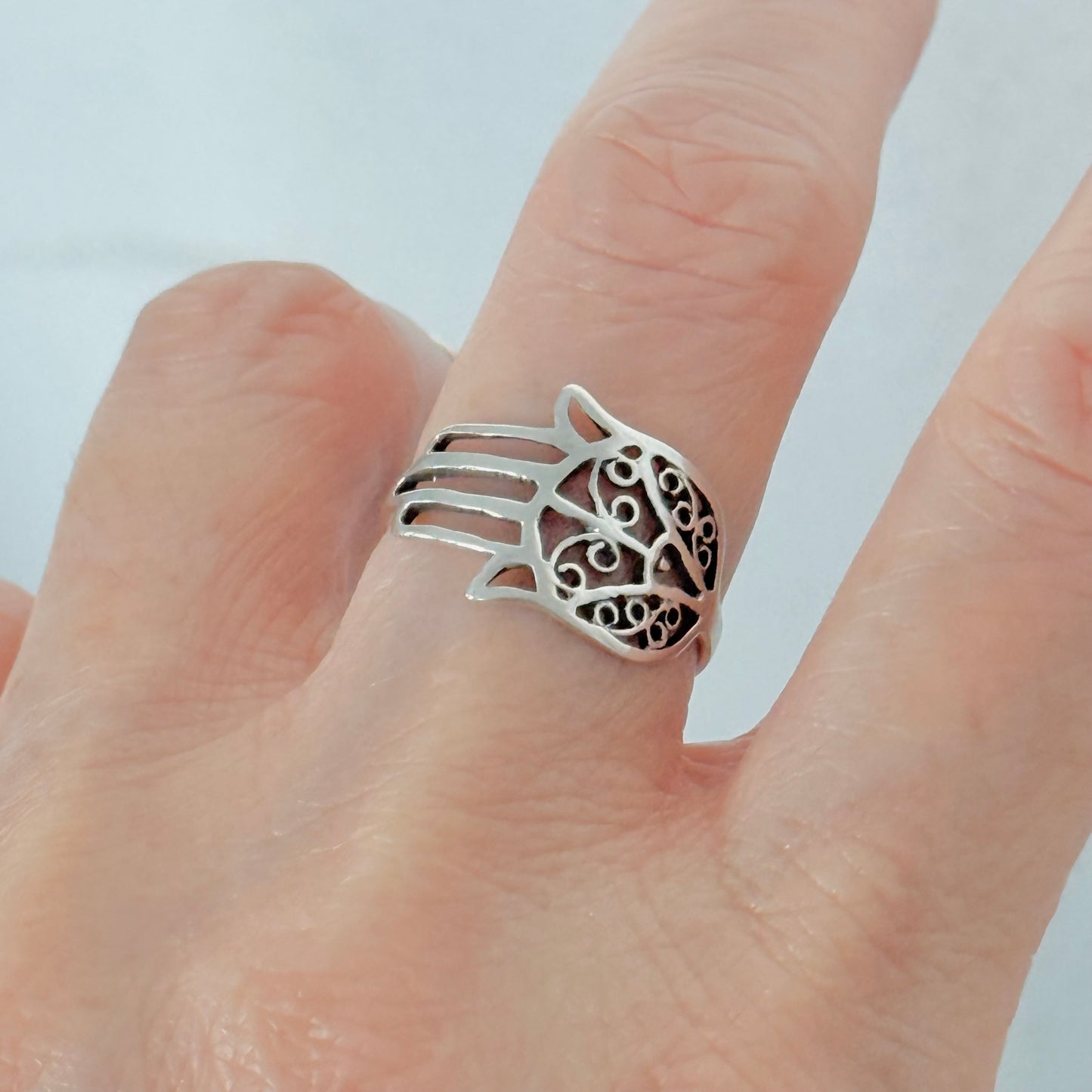 Sterling Silver Delicate Hamsa Hand Ring with Filigree | Hand of Fatima Jewelry, Protection Rings