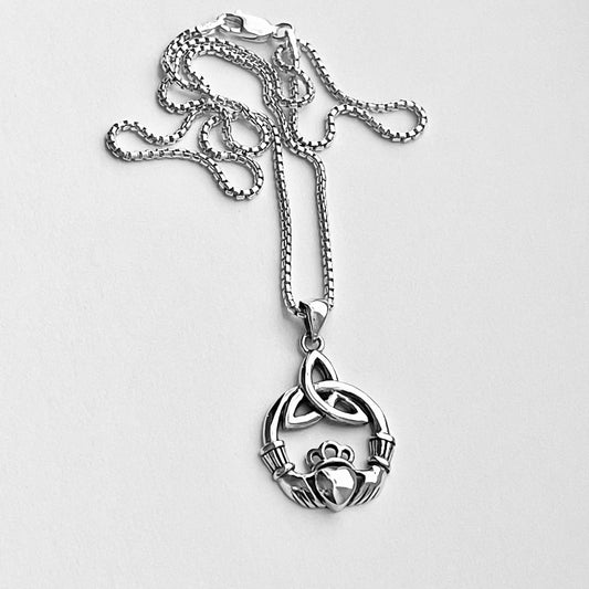 Sterling Silver Large Irish Claddagh Heart Necklace with Triquetra, Celtic Silver Necklaces