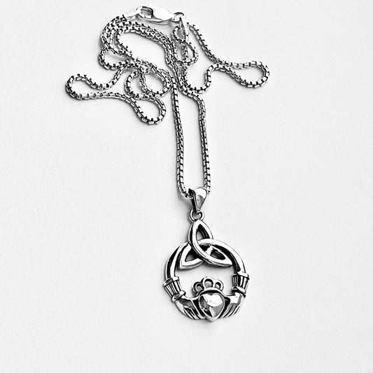 925 Sterling Silver Triquetra and Irish Claddagh Necklace | Celtic Crown Heart Pendant Chain