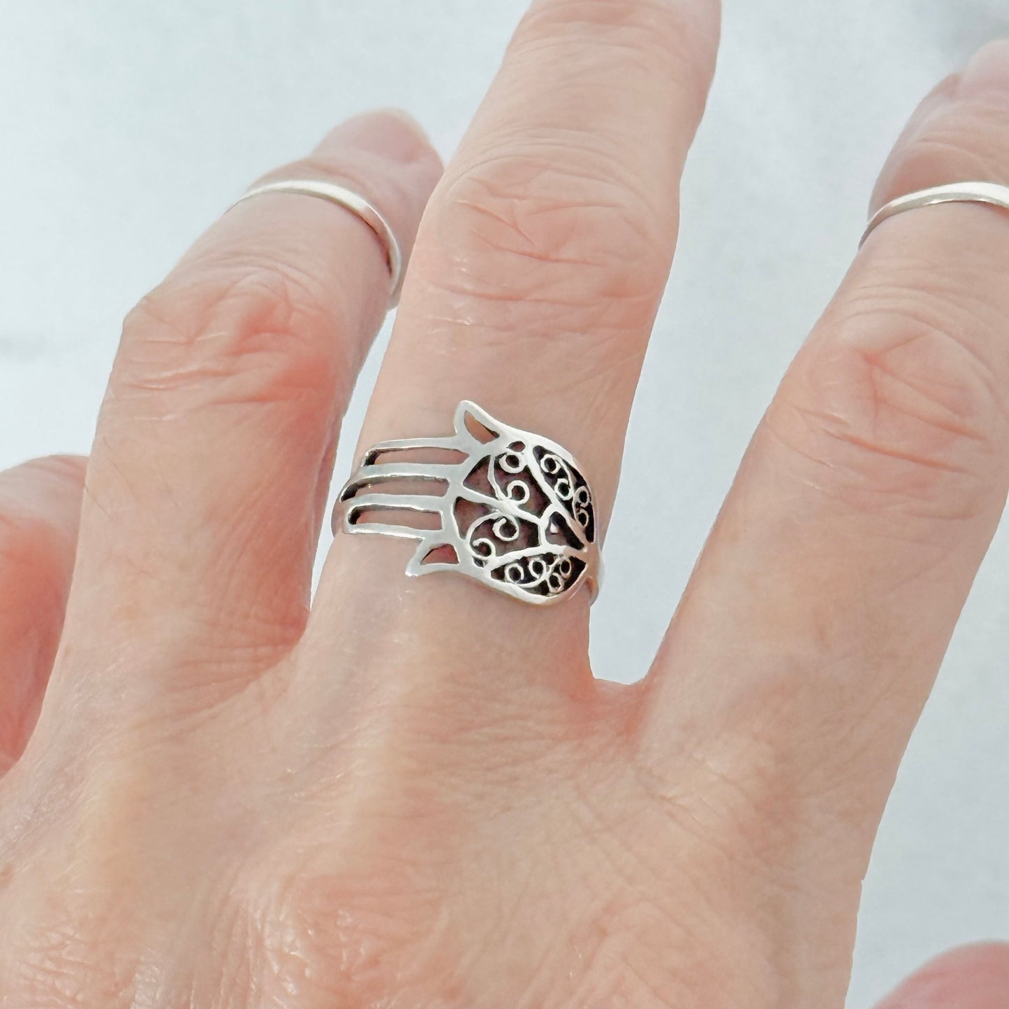 Sterling Silver Delicate Hamsa Hand Ring with Filigree | Hand of Fatima Jewelry, Protection Rings