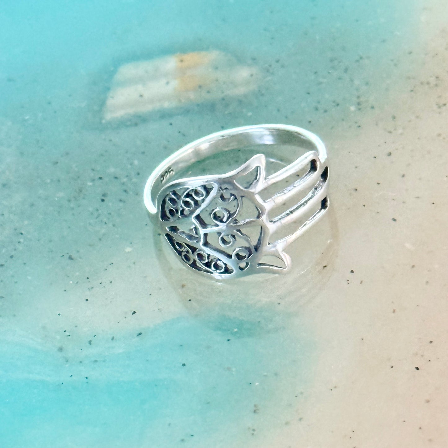 Sterling Silver Delicate Hamsa Hand Ring with Filigree | Hand of Fatima Jewelry, Protection Rings