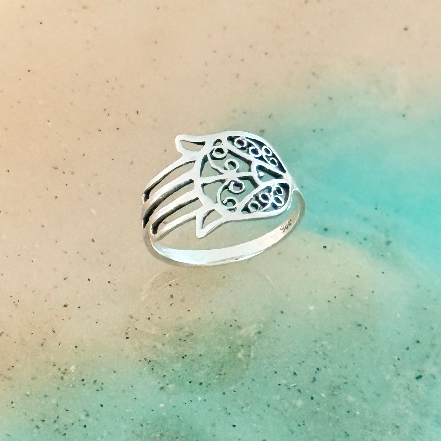 Sterling Silver Delicate Hamsa Hand Ring with Filigree | Hand of Fatima Jewelry, Protection Rings