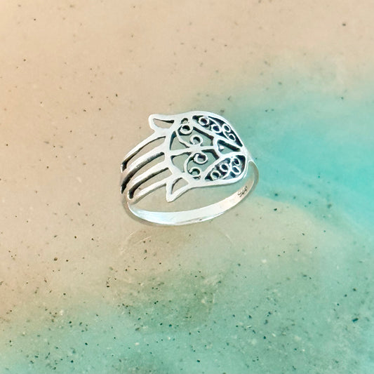 Sterling Silver Delicate Hamsa Hand Ring with Filigree | Hand of Fatima Jewelry, Protection Rings