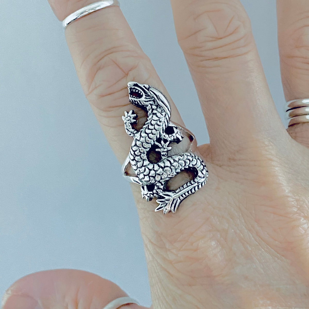 925 Sterling Silver Unisex Dragon Ring | Statement Serpent Good Luck Jewelry