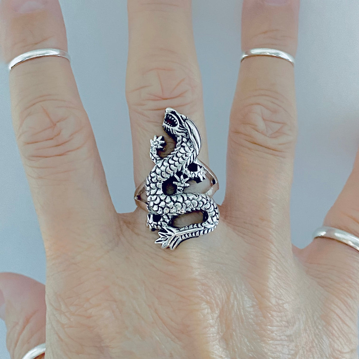 925 Sterling Silver Unisex Dragon Ring | Statement Serpent Good Luck Jewelry