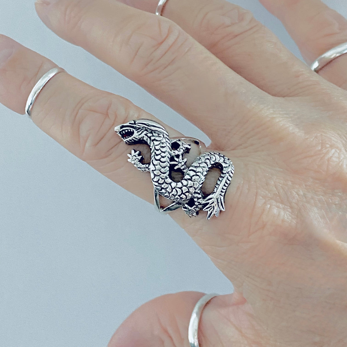 925 Sterling Silver Unisex Dragon Ring | Statement Serpent Good Luck Jewelry
