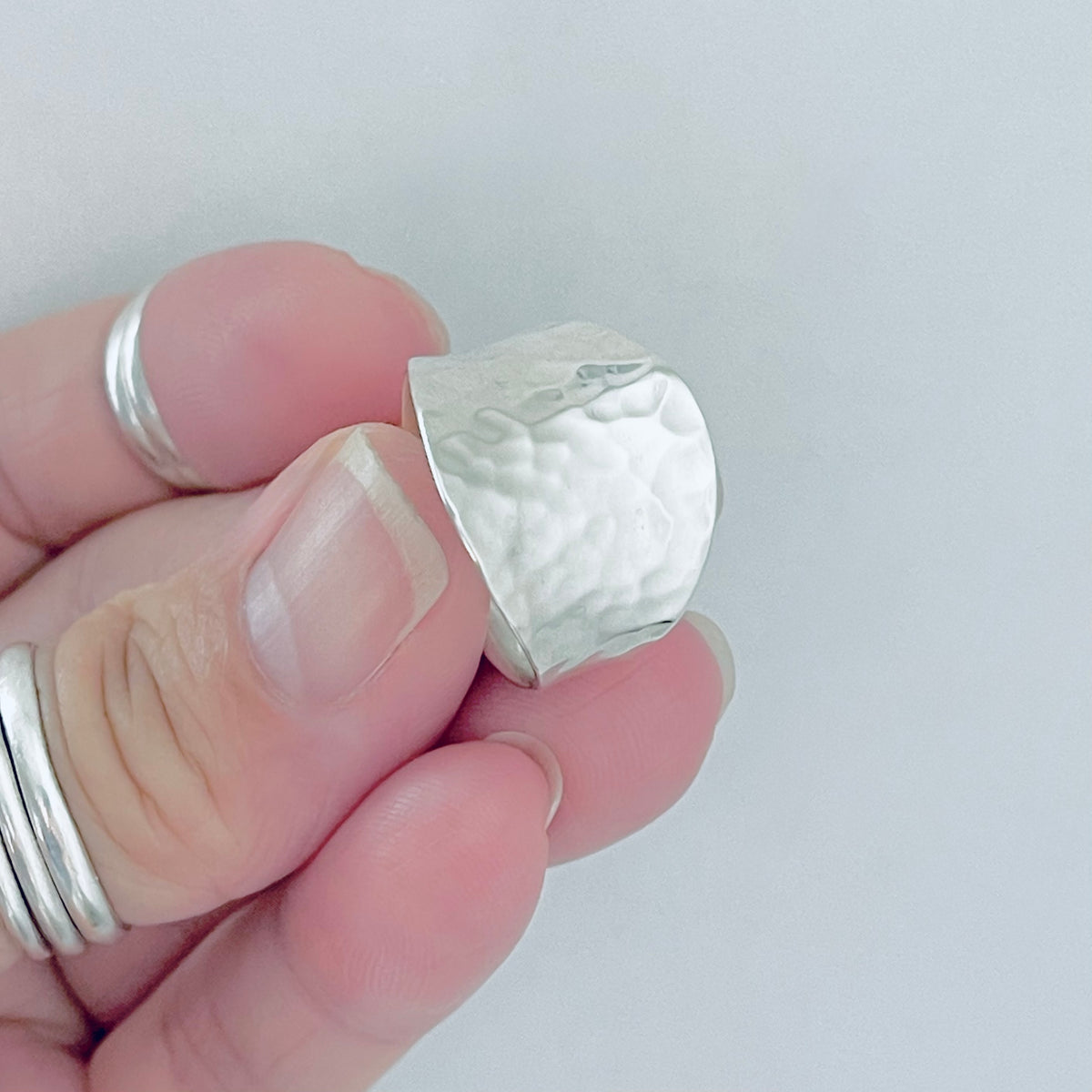 925 Sterling Silver Hammered Concave Ring | Statement Boho Wide Silver Rings