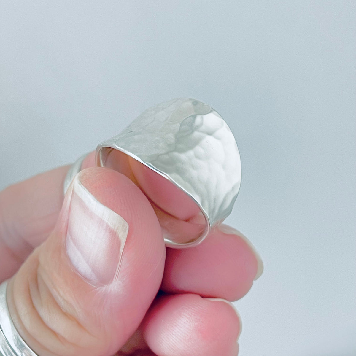 925 Sterling Silver Hammered Concave Ring | Statement Boho Wide Silver Rings