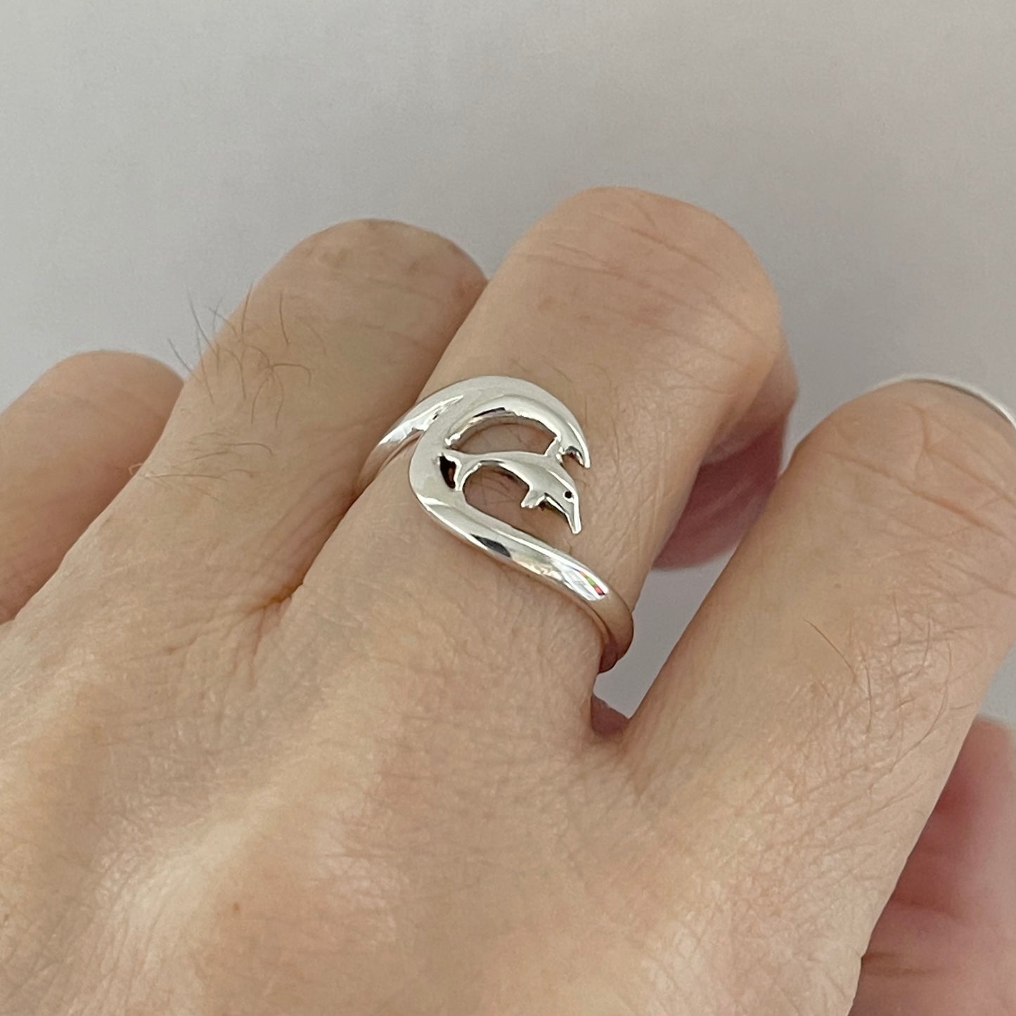 Sterling Silver Dolphin with Wave Ring, Animal Ring, Ocean Silver Rings, Fish Ring