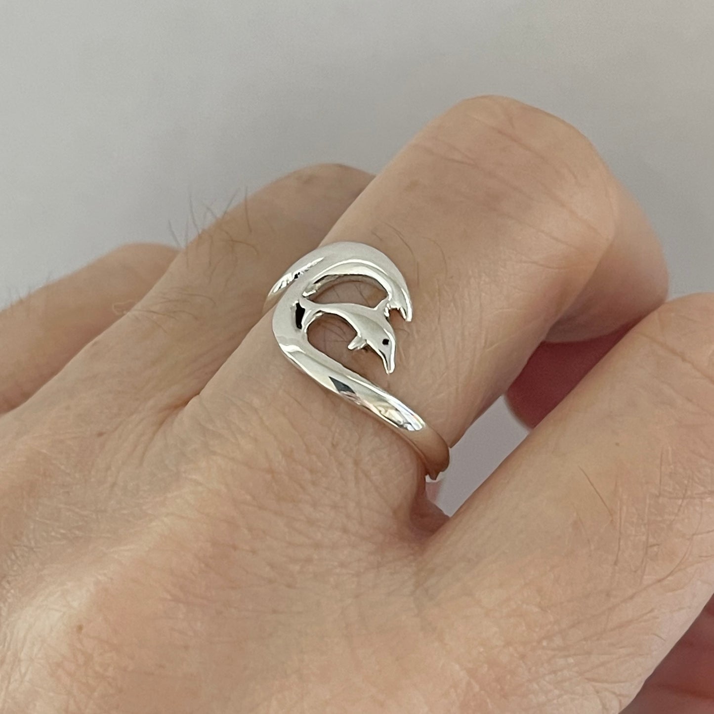 Sterling Silver Dolphin with Wave Ring, Animal Ring, Ocean Silver Rings, Fish Ring