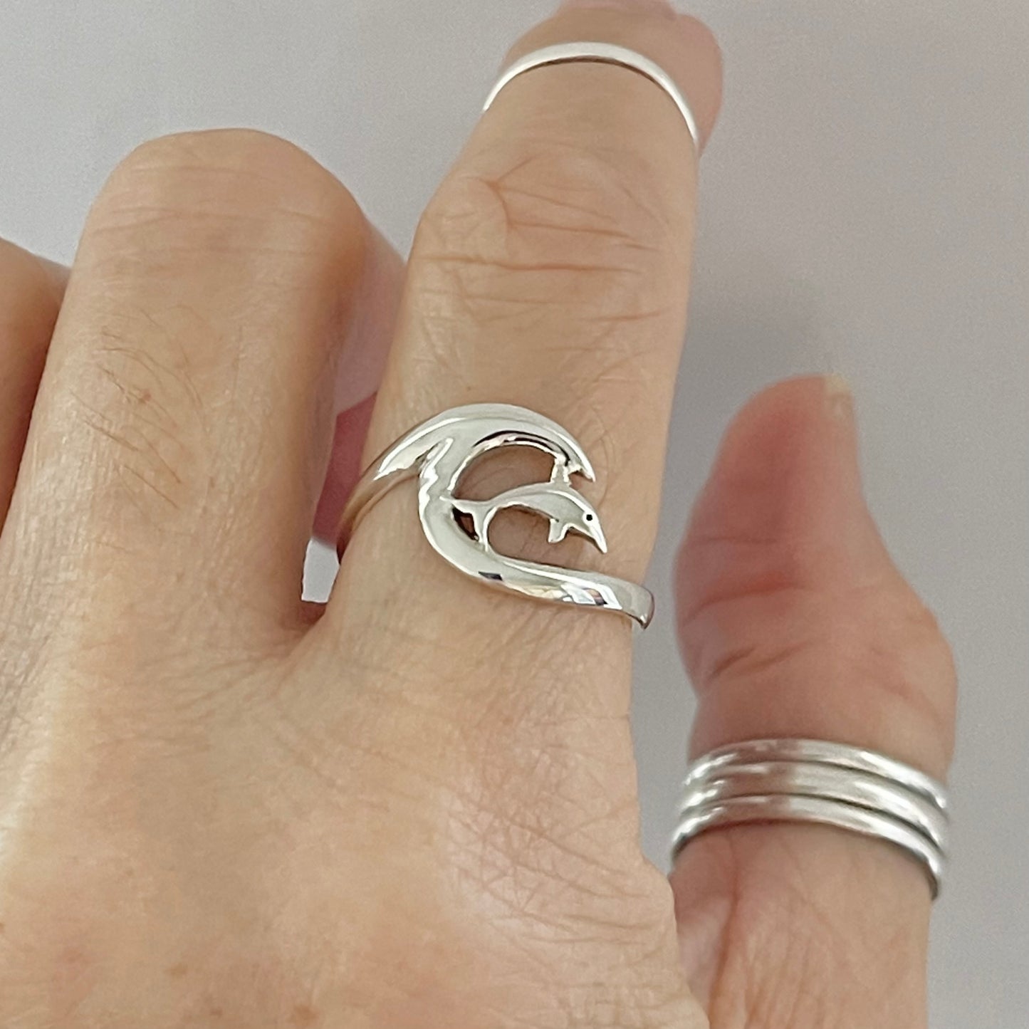 Sterling Silver Dolphin with Wave Ring, Animal Ring, Ocean Silver Rings, Fish Ring