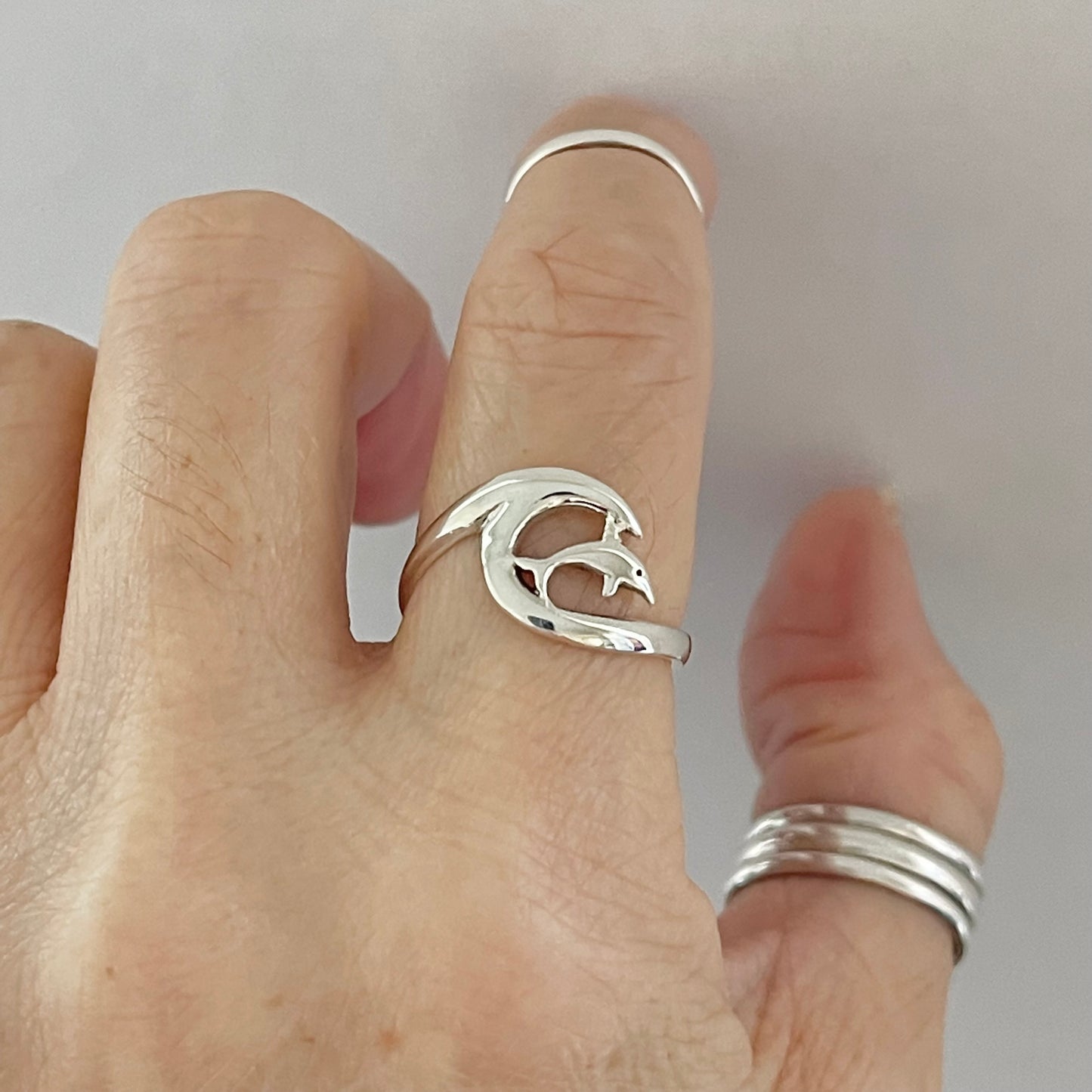 Sterling Silver Dolphin with Wave Ring, Animal Ring, Ocean Silver Rings, Fish Ring