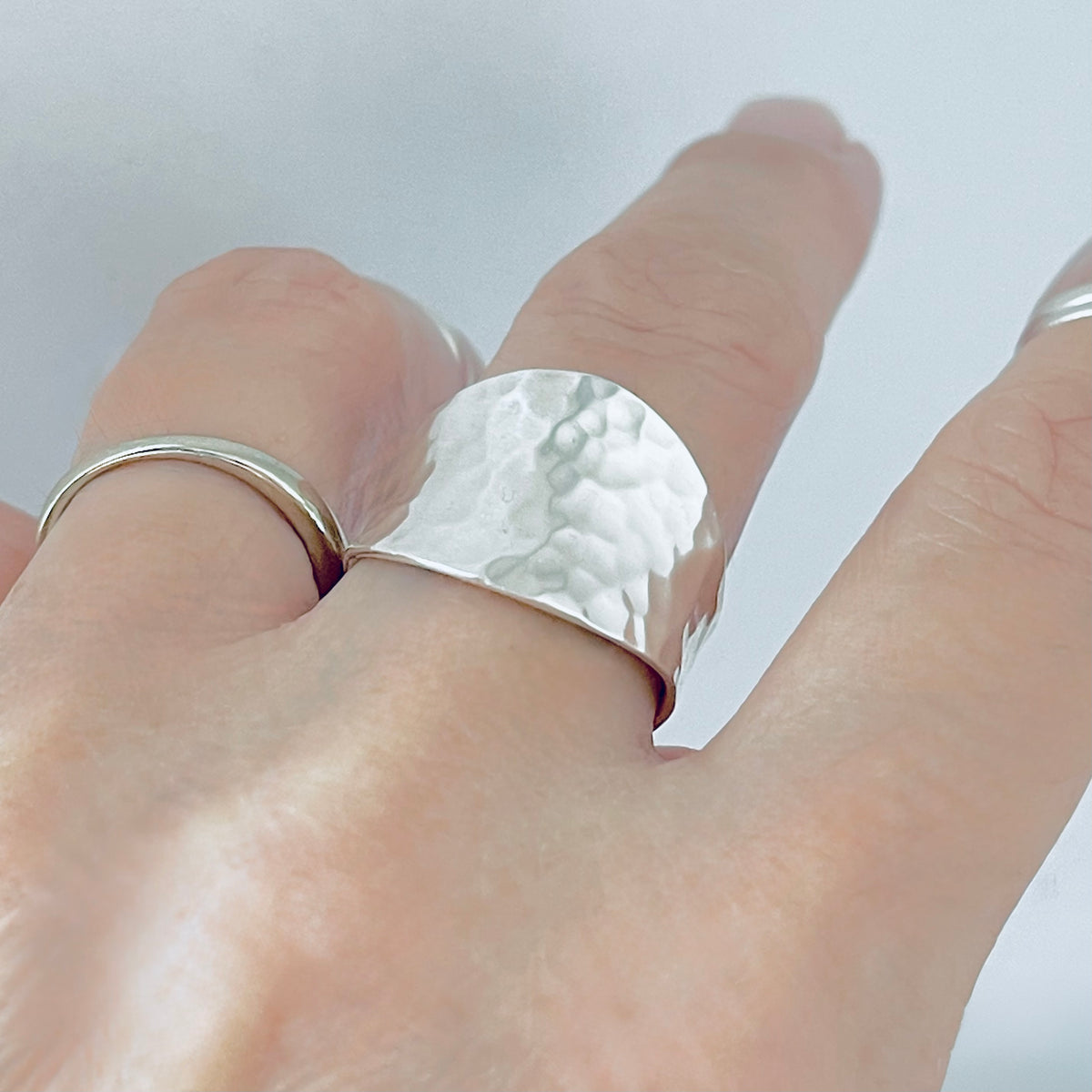 925 Sterling Silver Hammered Concave Ring | Statement Boho Wide Silver Rings