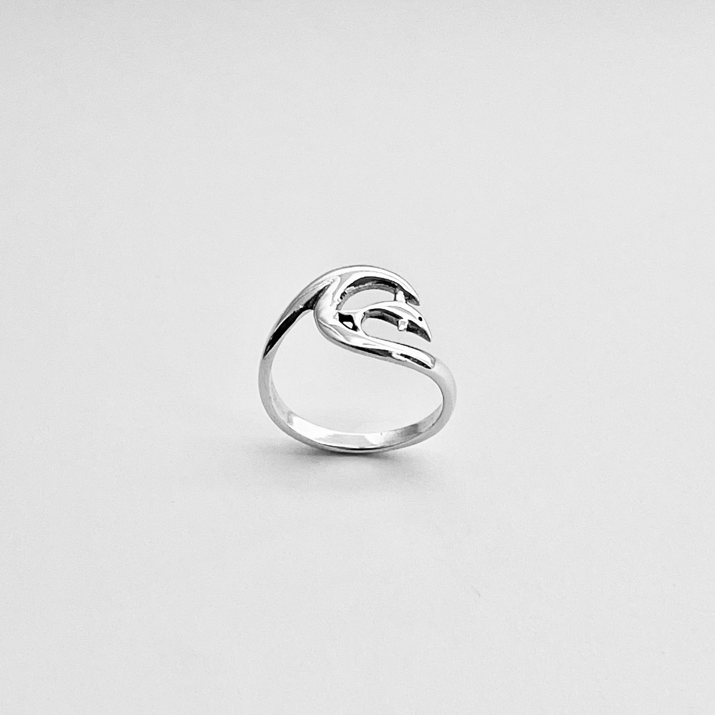 Sterling Silver Dolphin with Wave Ring, Animal Ring, Ocean Silver Rings, Fish Ring